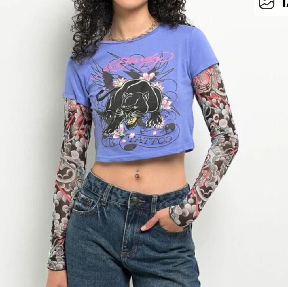 Ed Hardy Y2k Tattoo Swallow 2fer Midnight Long Sleeve Crop Baby tee T-Shirt